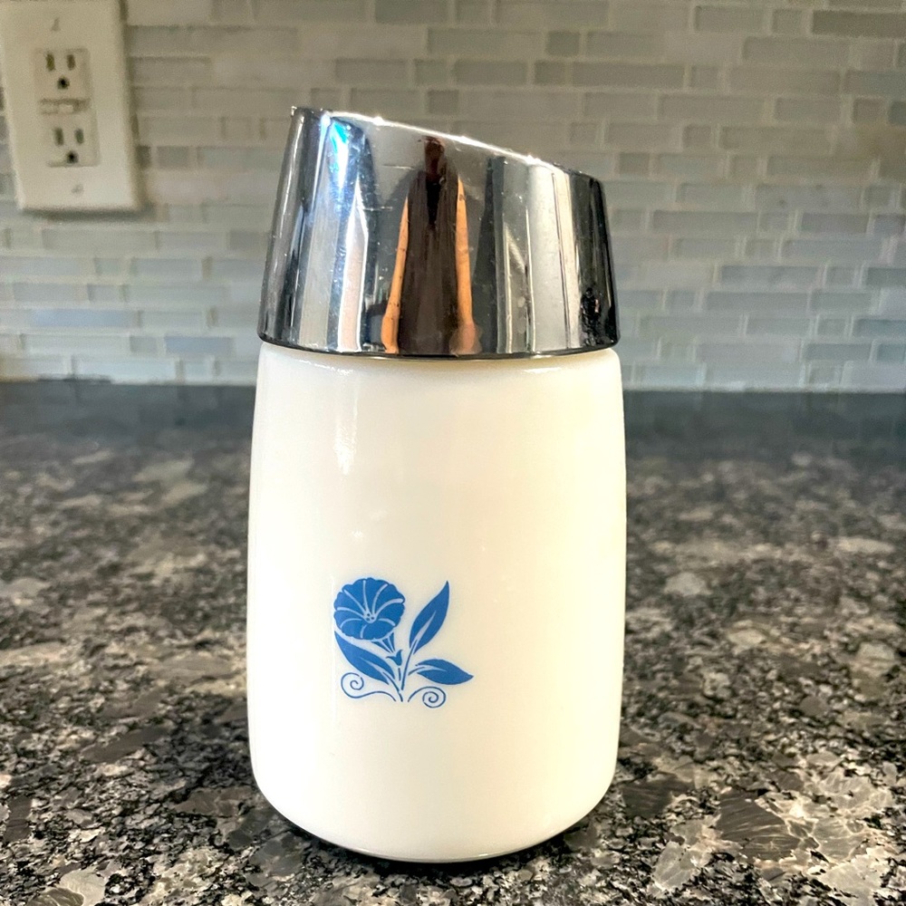 VTG Milk Glass Sugar Dispenser Santa Barbara Morning Glory White/Blue Chrome 930